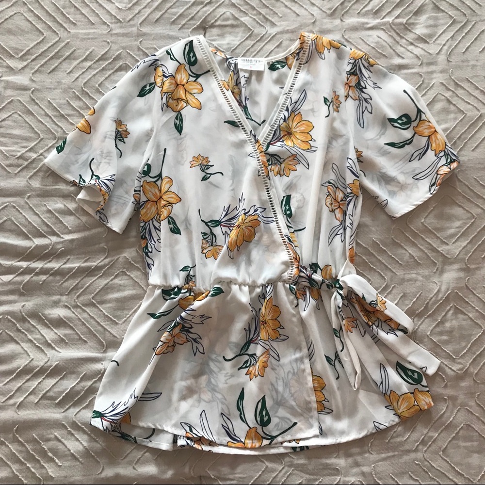 Sienna Sky White Floral Wrap Blouse with Yellow Flowers